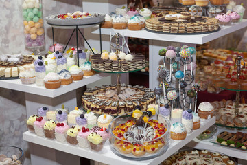 Cake pops and lollipops, colorful cupcakes, confectionery buffet