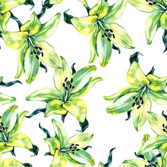 Watercolor bouquets of tropical flowers and leaves in watercolor, seamless pattern.