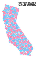Mosaic California State map of love hearts in pink and blue colors isolated on a white background. Lovely heart collage in shape of California State map. Abstract design for Valentine decoration.