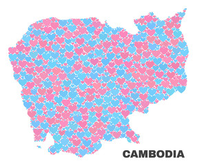 Mosaic Cambodia map of lovely hearts in pink and blue colors isolated on a white background. Lovely heart collage in shape of Cambodia map. Abstract design for Valentine illustrations.