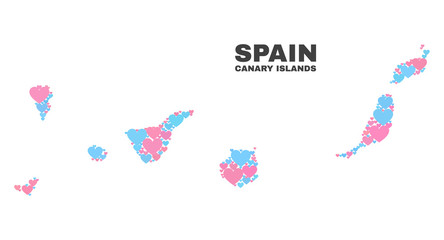 Mosaic Canary Islands map of lovely hearts in pink and blue colors isolated on a white background. Lovely heart collage in shape of Canary Islands map. Abstract design for Valentine illustrations.