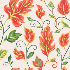 Vector seamless pattern on white with leaves and branch. Abstract background with floral elements. Natural design.