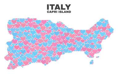 Mosaic Capri Island map of valentine hearts in pink and blue colors isolated on a white background. Lovely heart collage in shape of Capri Island map. Abstract design for Valentine decoration.