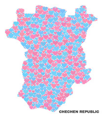 Mosaic Chechen Republic map of lovely hearts in pink and blue colors isolated on a white background. Lovely heart collage in shape of Chechen Republic map. Abstract design for Valentine decoration.