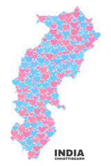 Mosaic Chhattisgarh State map of lovely hearts in pink and blue colors isolated on a white background. Lovely heart collage in shape of Chhattisgarh State map.