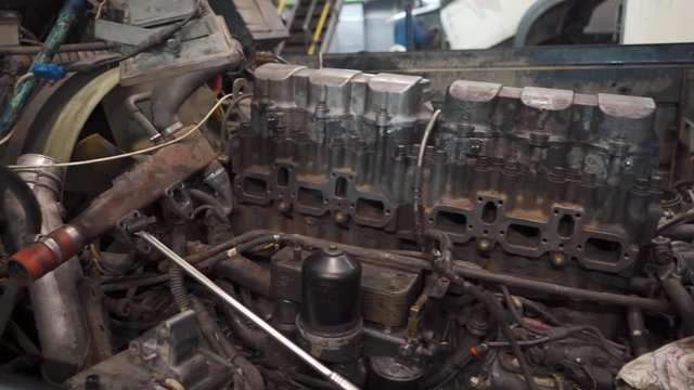panorama of the truck engine in the service station