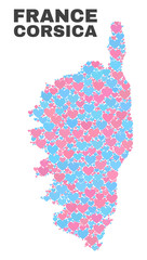 Mosaic Corsica map of valentine hearts in pink and blue colors isolated on a white background. Lovely heart collage in shape of Corsica map. Abstract design for Valentine illustrations.