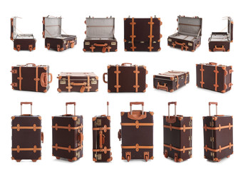 Set of vintage suitcase for travelling on white background