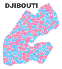 Mosaic Djibouti map of lovely hearts in pink and blue colors isolated on a white background. Lovely heart collage in shape of Djibouti map. Abstract design for Valentine decoration.