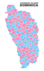 Mosaic Dominica Island map of lovely hearts in pink and blue colors isolated on a white background. Lovely heart collage in shape of Dominica Island map. Abstract design for Valentine illustrations.
