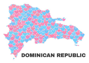 Mosaic Dominican Republic map of lovely hearts in pink and blue colors isolated on a white background. Lovely heart collage in shape of Dominican Republic map.