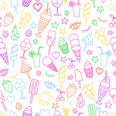 Vector seamless pattern on white background with ice cream and ice pop. Line art.