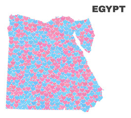 Mosaic Egypt map of valentine hearts in pink and blue colors isolated on a white background. Lovely heart collage in shape of Egypt map. Abstract design for Valentine illustrations.