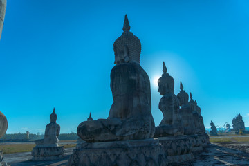 a lot of Buddha statues in blue sky at the large field in Tungsong Nakornsrithammarat..