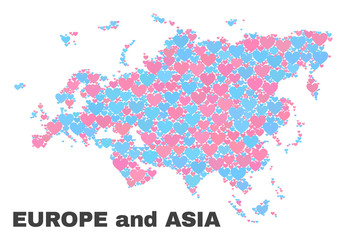 Mosaic Europe and Asia map of valentine hearts in pink and blue colors isolated on a white background. Lovely heart collage in shape of Europe and Asia map.