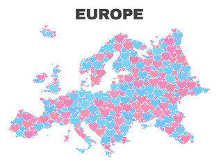 Mosaic Europe map of lovely hearts in pink and blue colors isolated on a white background. Lovely heart collage in shape of Europe map. Abstract design for Valentine illustrations.
