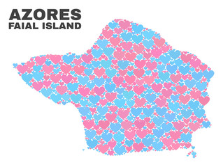 Mosaic Faial Island map of love hearts in pink and blue colors isolated on a white background. Lovely heart collage in shape of Faial Island map. Abstract design for Valentine illustrations.