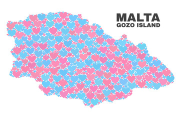 Mosaic Gozo Island map of lovely hearts in pink and blue colors isolated on a white background. Lovely heart collage in shape of Gozo Island map. Abstract design for Valentine illustrations.