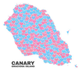 Mosaic Graciosa Island map of lovely hearts in pink and blue colors isolated on a white background. Lovely heart collage in shape of Graciosa Island map. Abstract design for Valentine decoration.