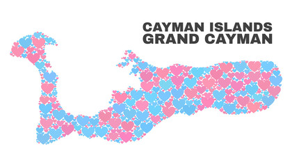 Mosaic Grand Cayman Island map of lovely hearts in pink and blue colors isolated on a white background. Lovely heart collage in shape of Grand Cayman Island map.