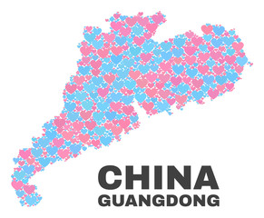 Mosaic Guangdong Province map of lovely hearts in pink and blue colors isolated on a white background. Lovely heart collage in shape of Guangdong Province map.