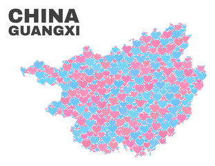 Fototapeta premium Mosaic Guangxi Province map of love hearts in pink and blue colors isolated on a white background. Lovely heart collage in shape of Guangxi Province map. Abstract design for Valentine decoration.