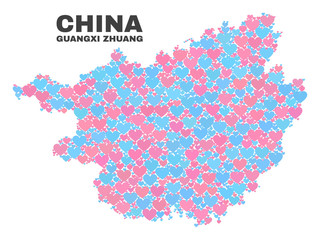 Obraz premium Mosaic Guangxi Zhuang Region map of love hearts in pink and blue colors isolated on a white background. Lovely heart collage in shape of Guangxi Zhuang Region map.
