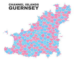 Obraz premium Mosaic Guernsey Island map of lovely hearts in pink and blue colors isolated on a white background. Lovely heart collage in shape of Guernsey Island map. Abstract design for Valentine illustrations.