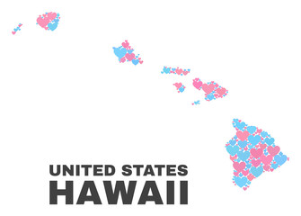 Mosaic Hawaii State map of love hearts in pink and blue colors isolated on a white background. Lovely heart collage in shape of Hawaii State map. Abstract design for Valentine illustrations.