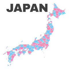 Mosaic Japan map of lovely hearts in pink and blue colors isolated on a white background. Lovely heart collage in shape of Japan map. Abstract design for Valentine illustrations.