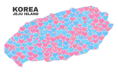 Mosaic Jeju Island map of love hearts in pink and blue colors isolated on a white background. Lovely heart collage in shape of Jeju Island map. Abstract design for Valentine illustrations.