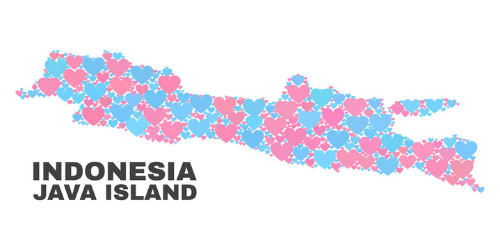 Mosaic Java Island map of love hearts in pink and blue colors isolated on a white background. Lovely heart collage in shape of Java Island map. Abstract design for Valentine decoration.