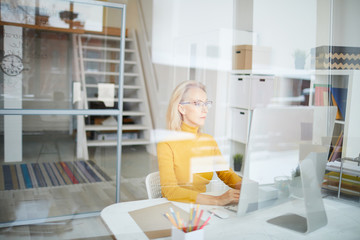 Portrait of mature businesswoman using computer sitting at desk in office behind glass wall, copy...