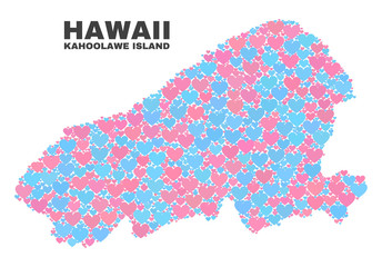 Mosaic Kahoolawe Island map of valentine hearts in pink and blue colors isolated on a white background. Lovely heart collage in shape of Kahoolawe Island map. Abstract design for Valentine decoration.