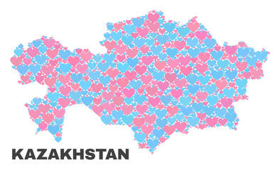 Mosaic Kazakhstan map of lovely hearts in pink and blue colors isolated on a white background. Lovely heart collage in shape of Kazakhstan map. Abstract design for Valentine illustrations.