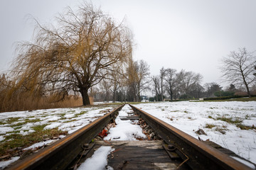 Rusty rails of a small railway in a park in winter