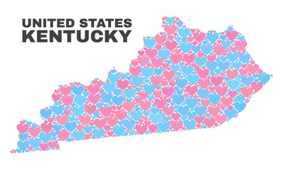 Mosaic Kentucky State map of lovely hearts in pink and blue colors isolated on a white background. Lovely heart collage in shape of Kentucky State map. Abstract design for Valentine illustrations.