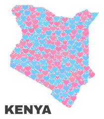 Mosaic Kenya map of love hearts in pink and blue colors isolated on a white background. Lovely heart collage in shape of Kenya map. Abstract design for Valentine illustrations.