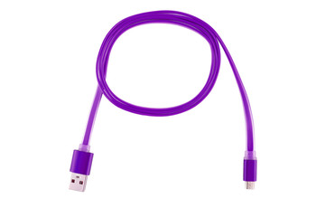 Purple micro-usb cable twisted into a ring, on a white isolated background. Horizontal frame