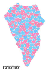 Mosaic La Palma Island map of lovely hearts in pink and blue colors isolated on a white background. Lovely heart collage in shape of La Palma Island map. Abstract design for Valentine decoration.