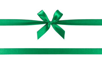 Beautiful green ribbon with bow isolated on white background.