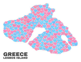 Mosaic Lesbos Island map of lovely hearts in pink and blue colors isolated on a white background. Lovely heart collage in shape of Lesbos Island map. Abstract design for Valentine decoration.