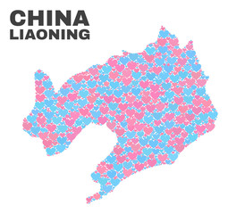 Mosaic Liaoning Province map of love hearts in pink and blue colors isolated on a white background. Lovely heart collage in shape of Liaoning Province map. Abstract design for Valentine decoration.