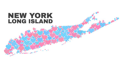 Mosaic Long Island map of love hearts in pink and blue colors isolated on a white background. Lovely heart collage in shape of Long Island map. Abstract design for Valentine illustrations.