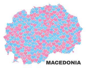 Mosaic Macedonia map of lovely hearts in pink and blue colors isolated on a white background. Lovely heart collage in shape of Macedonia map. Abstract design for Valentine illustrations.