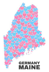 Mosaic Maine Land map of lovely hearts in pink and blue colors isolated on a white background. Lovely heart collage in shape of Maine Land map. Abstract design for Valentine illustrations.