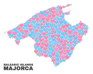 Mosaic Majorca map of lovely hearts in pink and blue colors isolated on a white background. Lovely heart collage in shape of Majorca map. Abstract design for Valentine illustrations.