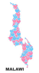 Mosaic Malawi map of valentine hearts in pink and blue colors isolated on a white background. Lovely heart collage in shape of Malawi map. Abstract design for Valentine illustrations.