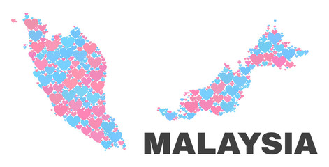 Obraz premium Mosaic Malaysia map of love hearts in pink and blue colors isolated on a white background. Lovely heart collage in shape of Malaysia map. Abstract design for Valentine illustrations.