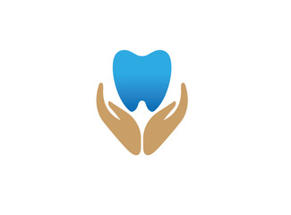 Hands that care for tooth and healthy mouth holding a tooth for logo design